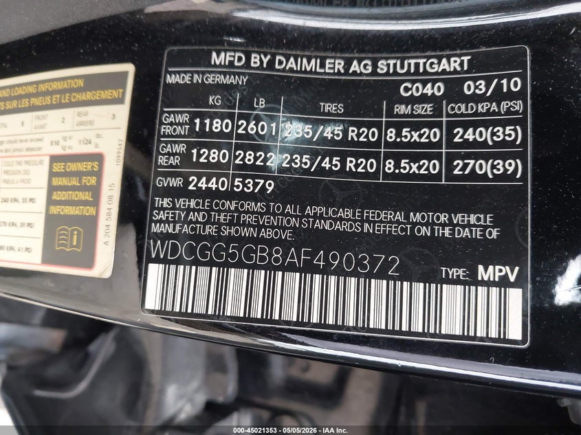2010 Mercedes-benz Glk-class VIN WDCGG5GB8AF490372 IAAI salvage auction — LEFT FRONT, Original (Texas), sold $1,150 on 2026-07-15 (photo 9)