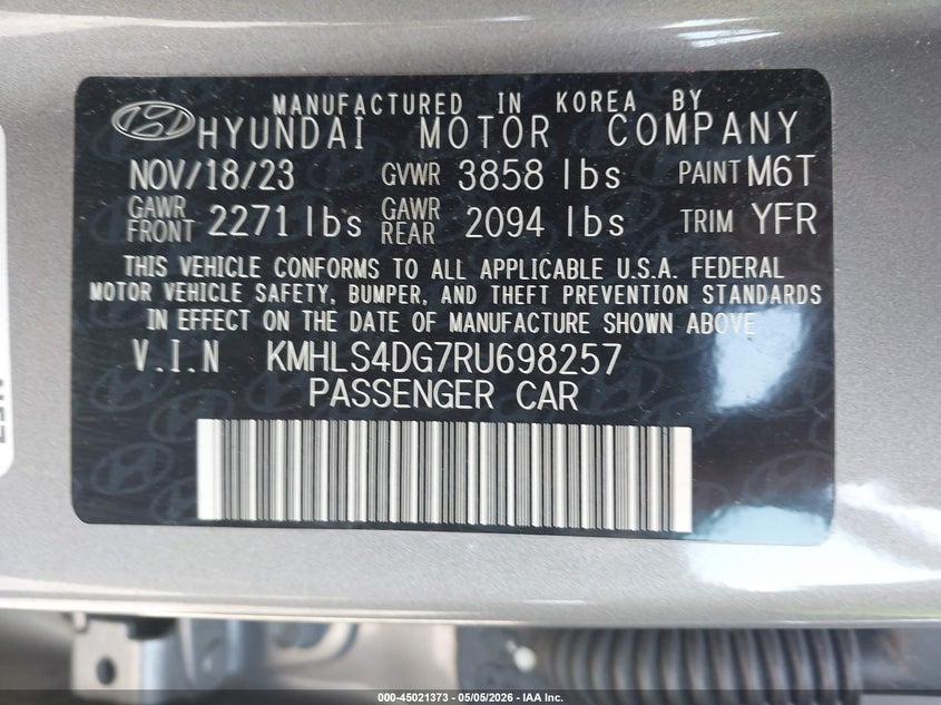 2024 Hyundai Elantra VIN KMHLS4DG7RU698257 IAAI salvage auction — FRONT END, Salvage Title, sold $3,750 on 2026-07-19 (photo 9)