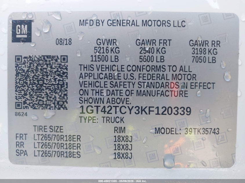 2019 Gmc SIERRA VIN 1GT42TCY3KF120339 IAAI salvage auction — REAR END, Salvage Title, sold $11,100 on 2026-07-30 (photo 8)