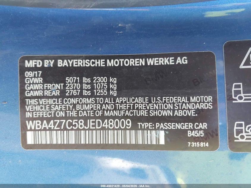 2018 BMW 4er VIN WBA4Z7C58JED48009 IAAI salvage auction — ENGINE BURN, Salvage (New Hampshire), sold $1,300 on 2026-07-21 (photo 9)