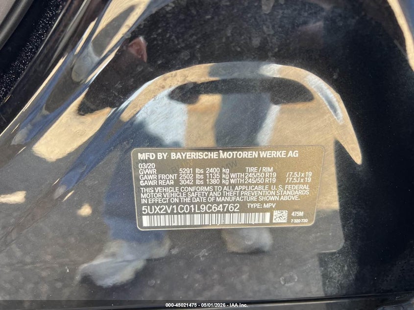 2020 BMW X4 VIN 5UX2V1C01L9C64762 IAAI salvage auction — NORMAL WEAR, Original (New Hampshire), sold $18,400 on 2026-07-08 (photo 9)