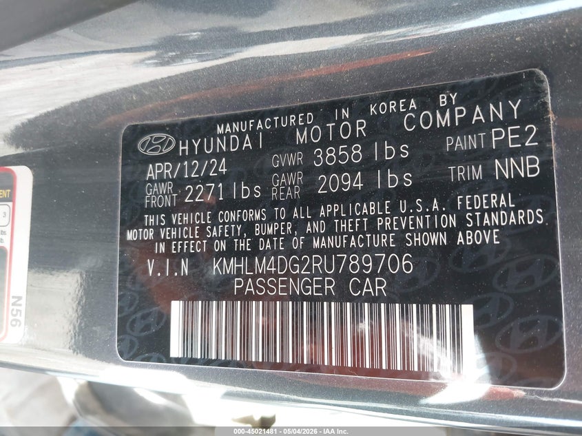 2024 Hyundai Elantra VIN KMHLM4DG2RU789706 IAAI salvage auction — LEFT SIDE, Clear (Oklahoma), sold $7,500 on 2026-07-06 (photo 9)
