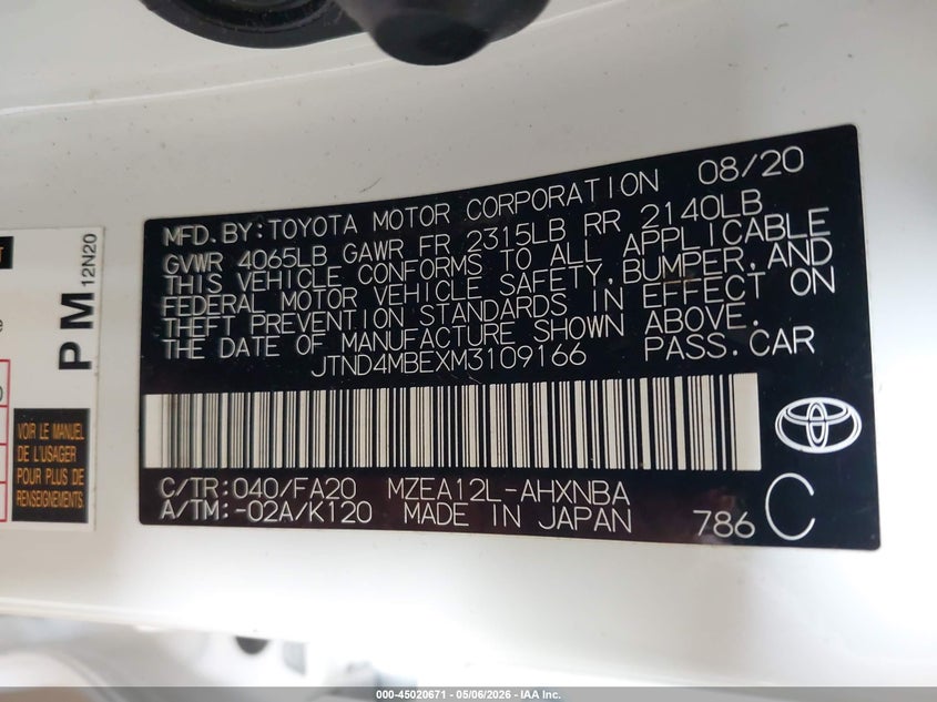 2021 Toyota Corolla VIN JTND4MBEXM3109166 IAAI salvage auction — FRONT END, Scrap (Michigan), sold $4,200 on 2026-07-07 (photo 9)
