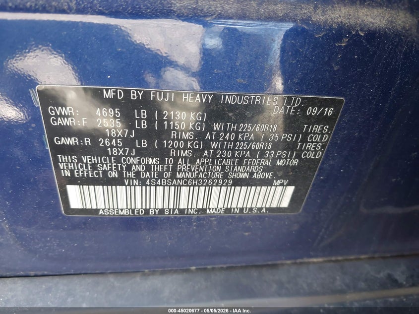 2017 Subaru Outback VIN 4S4BSANC6H3262929 IAAI salvage auction — SIDE, Clear (Virginia), sold $1,650 on 2026-07-18 (photo 9)