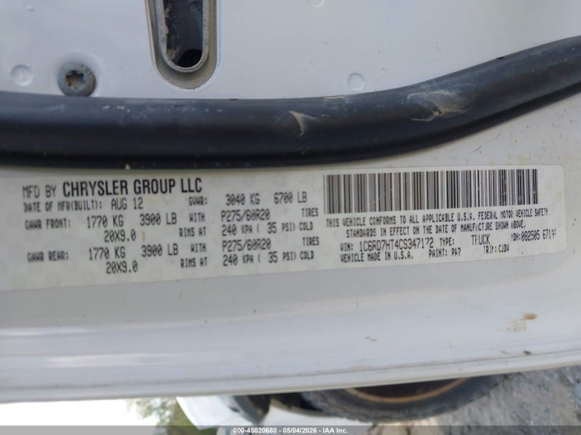 2012 Ram 1500 VIN 1C6RD7HT4CS347172 IAAI salvage auction — FRONT & REAR, Salvage (Pennsylvania), sold $1,500 on 2026-07-09 (photo 9)