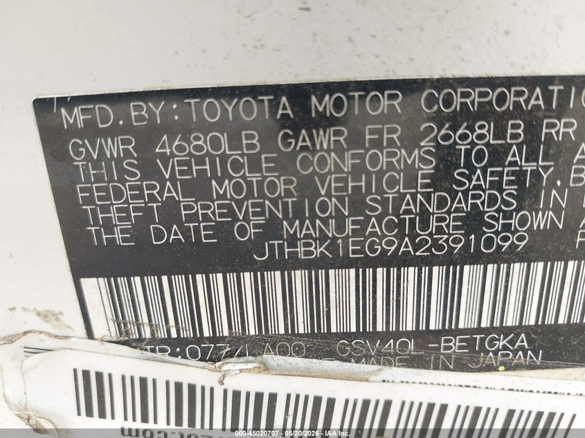 2010 Lexus Es 350 VIN JTHBK1EG9A2391099 IAAI salvage auction — FRONT & REAR, Salvage (Texas), sold $1,000 on 2026-07-09 (photo 9)