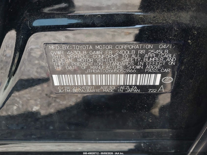 2017 Lexus Is VIN JTHBA1D26H5052866 IAAI salvage auction — FRONT END, Salvage (Georgia), sold $2,000 on 2026-07-08 (photo 9)