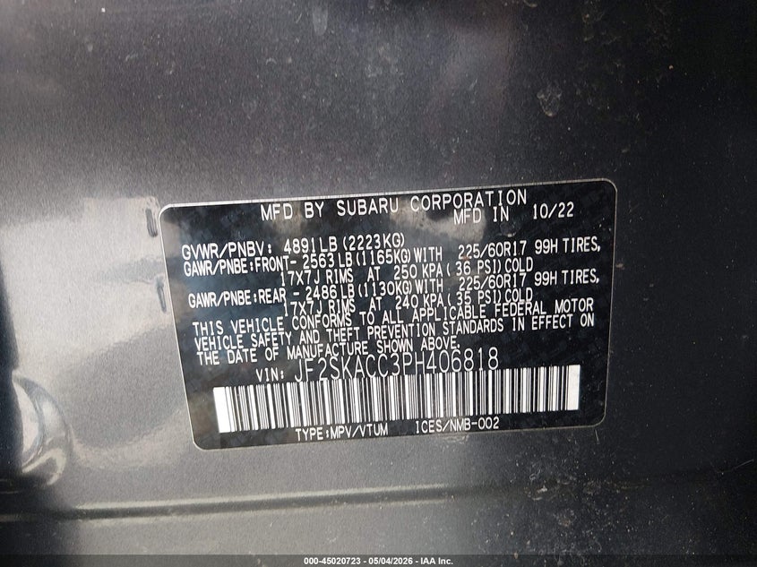2023 Subaru Forester VIN JF2SKACC3PH406818 IAAI salvage auction — REAR END, Mv-907A (New York), sold $3,500 on 2026-07-12 (photo 9)