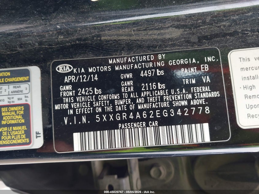 2014 Kia Optima VIN 5XXGR4A62EG342778 IAAI salvage auction — FRONT END, Original (Texas), sold $725 on 2026-07-23 (photo 9)
