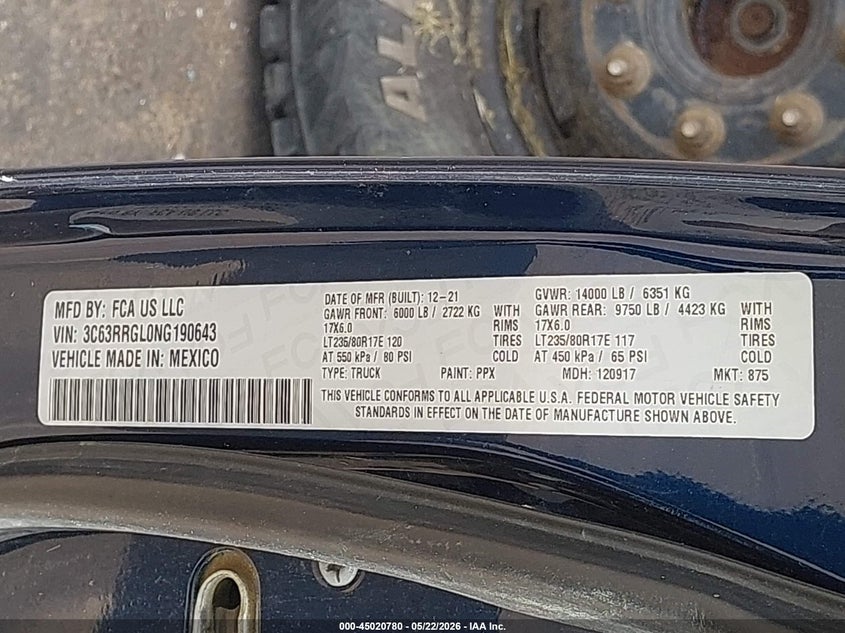2022 Ram 3500 VIN 3C63RRGL0NG190643 IAAI salvage auction — ROLLOVER, Salvage (Mississippi), sold $7,000 on 2026-07-09 (photo 9)