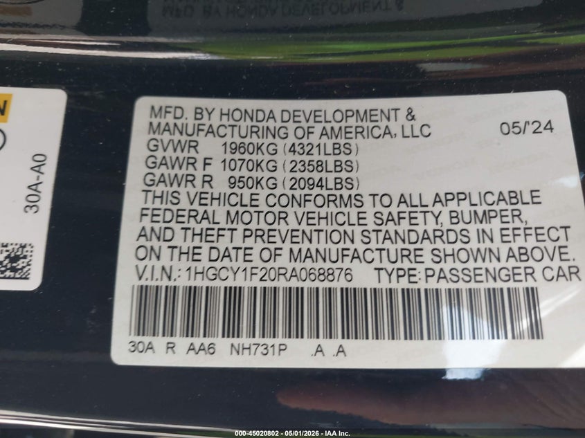 2024 Honda Accord VIN 1HGCY1F20RA068876 IAAI salvage auction — SIDE, Wait Title, sold $10,700 on 2026-07-12 (photo 9)