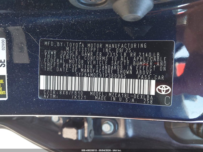 2026 Toyota Corolla VIN 5YFB4MDE9TP360985 IAAI salvage auction — FRONT END, Salvage (New Hampshire), sold $4,800 on 2026-07-08 (photo 9)