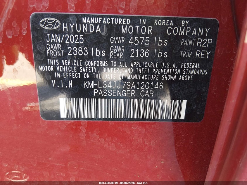 2025 Hyundai Sonata VIN KMHL34JJ7SA120146 IAAI salvage auction — REAR END, Salvage (South Carolina), sold $25 on 2026-07-29 (photo 9)