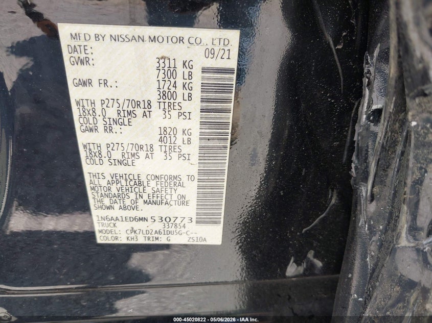 2021 Nissan TITAN VIN 1N6AA1ED6MN530773 IAAI salvage auction — LEFT SIDE, Salvage (Idaho), sold $5,000 on 2026-07-25 (photo 9)