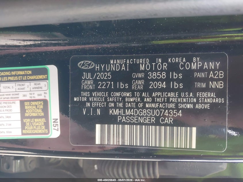 2025 Hyundai Elantra VIN KMHLM4DG8SU074354 IAAI salvage auction — FRONT END, Salvage (Alabama), sold $4,300 on 2026-07-28 (photo 9)