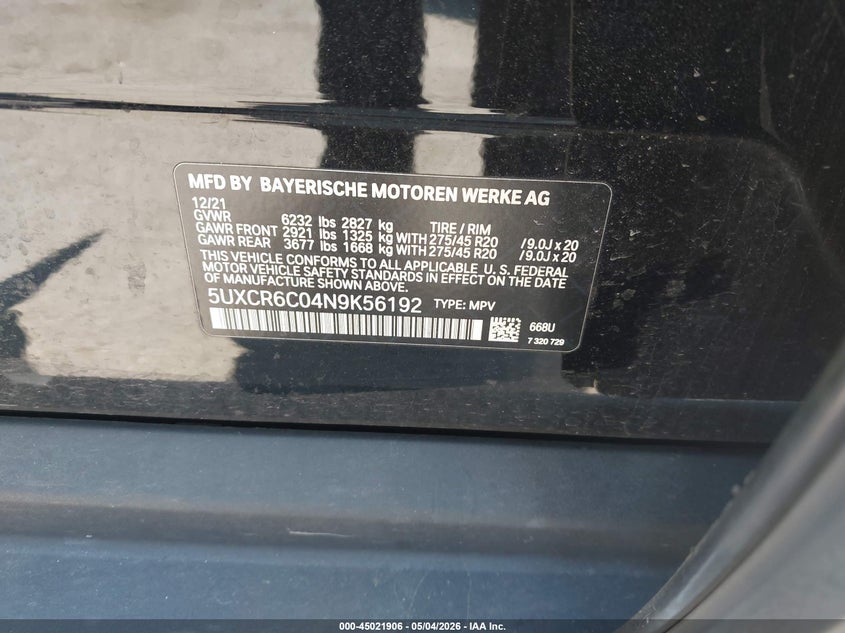 2022 BMW X5 VIN 5UXCR6C04N9K56192 IAAI salvage auction — FRONT END, Salvage - Greater Than 75% (Maryland), sold $17,850 on 2026-07-09 (photo 9)