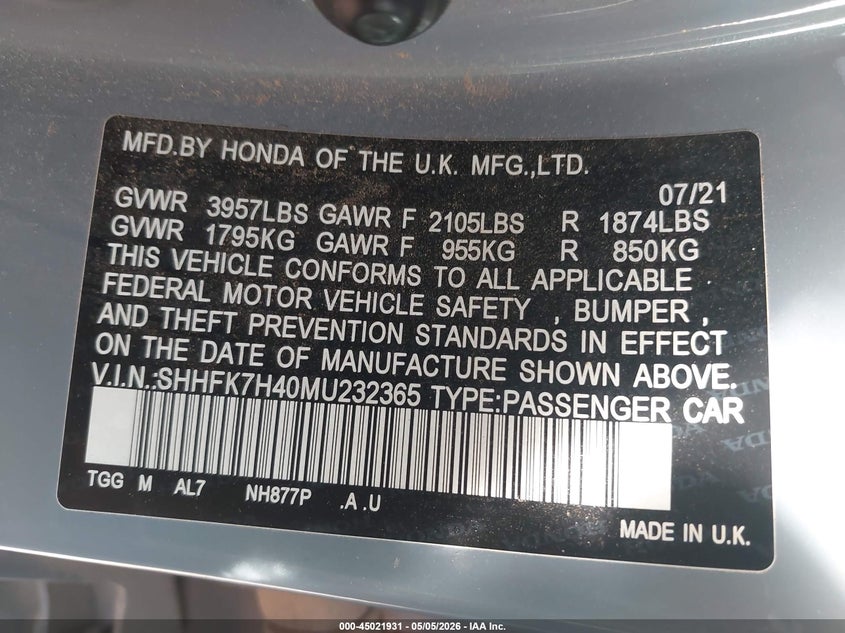 2021 Honda Civic VIN SHHFK7H40MU232365 IAAI salvage auction — RIGHT FRONT, Original (Texas), sold $7,800 on 2026-07-30 (photo 9)