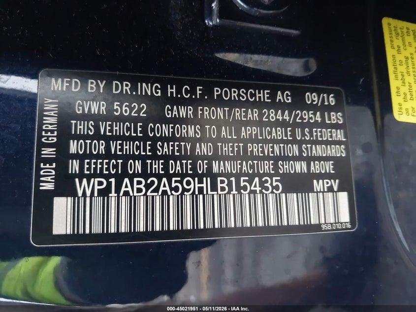 2017 Porsche Macan VIN WP1AB2A59HLB15435 IAAI salvage auction — UNDERCARRIAGE, Rebuildable (Florida), sold $2,350 on 2026-07-06 (photo 9)