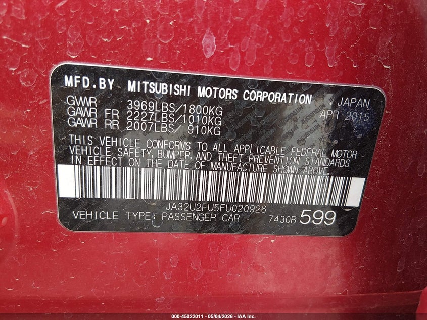 2015 Mitsubishi Lancer VIN JA32U2FU5FU020926 IAAI salvage auction — RIGHT SIDE, Clear (New Mexico), sold $2,100 on 2026-07-13 (photo 9)