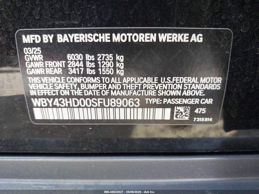 2025 BMW I4 VIN WBY43HD00SFU89063 IAAI salvage auction — FRONT END, Certificate Of Destruction (Florida), sold $17,325 on 2026-07-16 (photo 9)