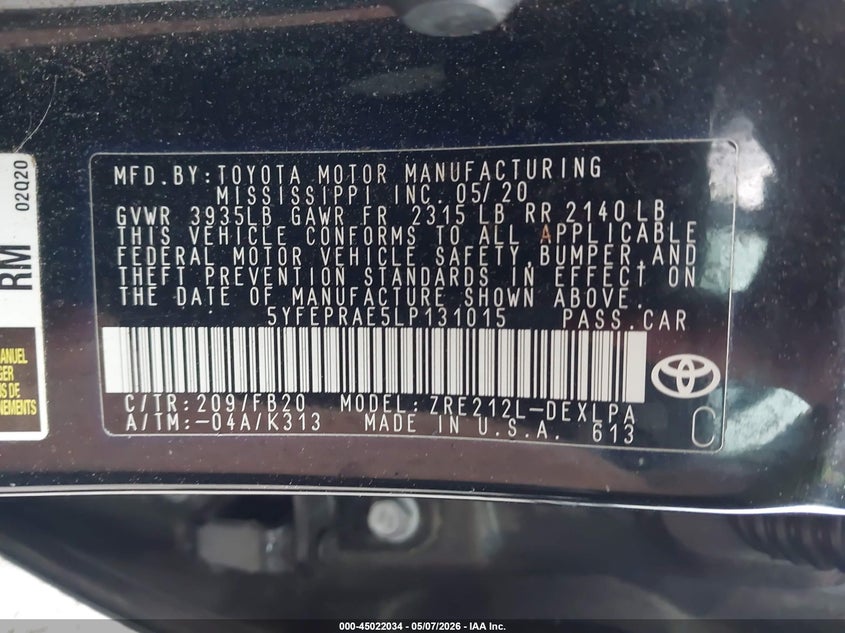 2020 Toyota Corolla VIN 5YFEPRAE5LP131015 IAAI salvage auction — FRONT END, Salvage (South Carolina), sold $3,600 on 2026-07-24 (photo 9)