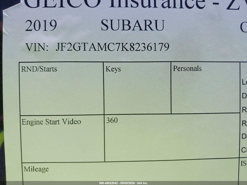 2019 Subaru Xv VIN JF2GTAMC7K8236179 IAAI salvage auction — ALL OVER, Salvage (Idaho), sold $450 on 2026-07-14 (photo 9)