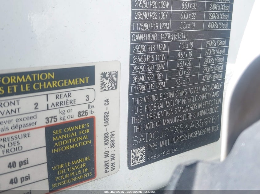 2019 Jaguar F-pace VIN SADCJ2FX5KA359761 IAAI salvage auction — RIGHT FRONT, Salvage (North Carolina), sold $2,700 on 2026-07-08 (photo 9)