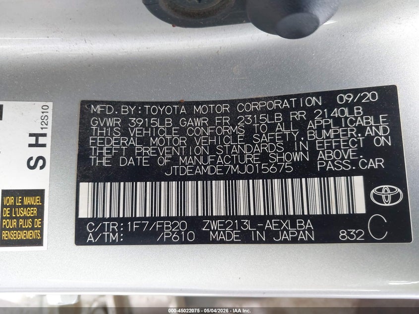 2021 Toyota Corolla VIN JTDEAMDE7MJ015675 IAAI salvage auction — RIGHT FRONT, Salvage (California), sold $1,650 on 2026-07-29 (photo 9)