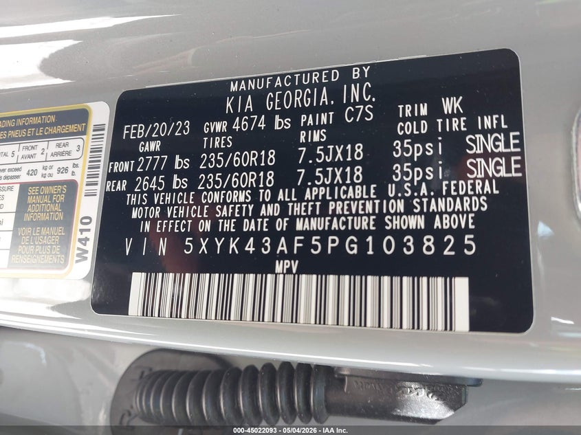 2023 Kia Sportage VIN 5XYK43AF5PG103825 IAAI salvage auction — FRONT END, Certificate Of Destruction (Florida), sold $6,850 on 2026-07-29 (photo 9)