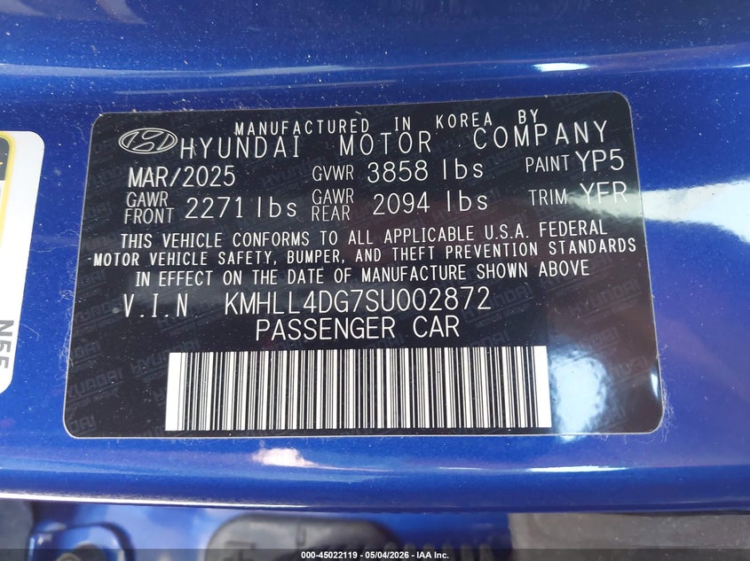 2025 Hyundai Elantra VIN KMHLL4DG7SU002872 IAAI salvage auction — REAR END, Original (Texas), sold $4,400 on 2026-07-10 (photo 9)