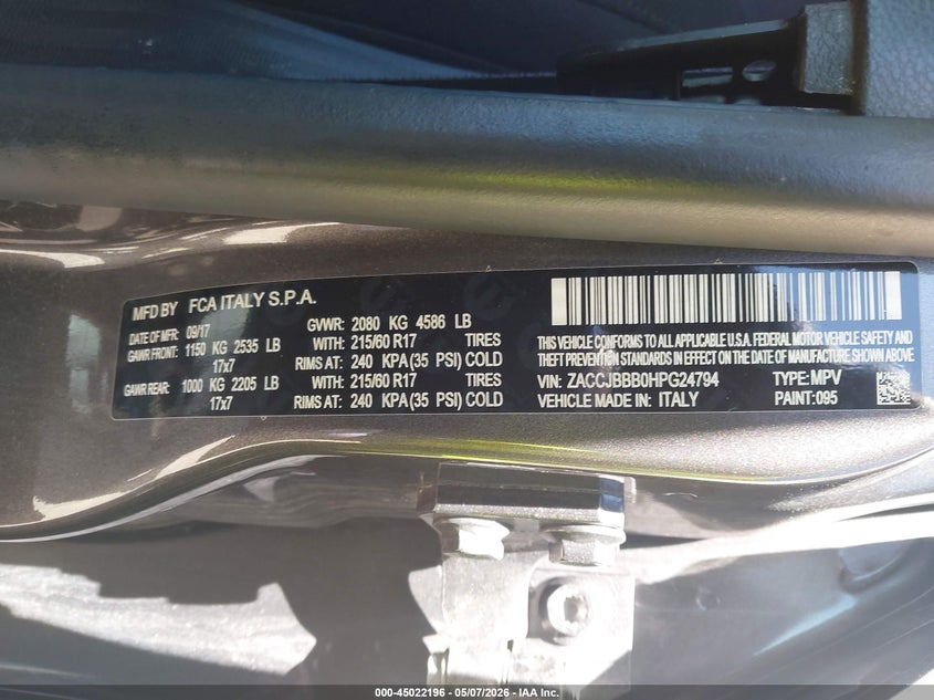 2017 Jeep Renegade VIN ZACCJBBB0HPG24794 IAAI salvage auction — FRONT END, Salvage (Rhode Island), sold $750 on 2026-07-28 (photo 9)