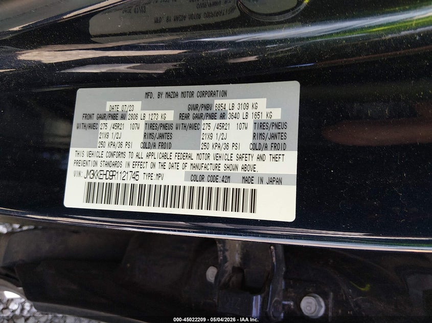 2024 Mazda Cx-90 VIN JM3KKEHD9R1121745 IAAI salvage auction — FRONT END, Clear (South Carolina), sold $9,000 on 2026-07-07 (photo 9)