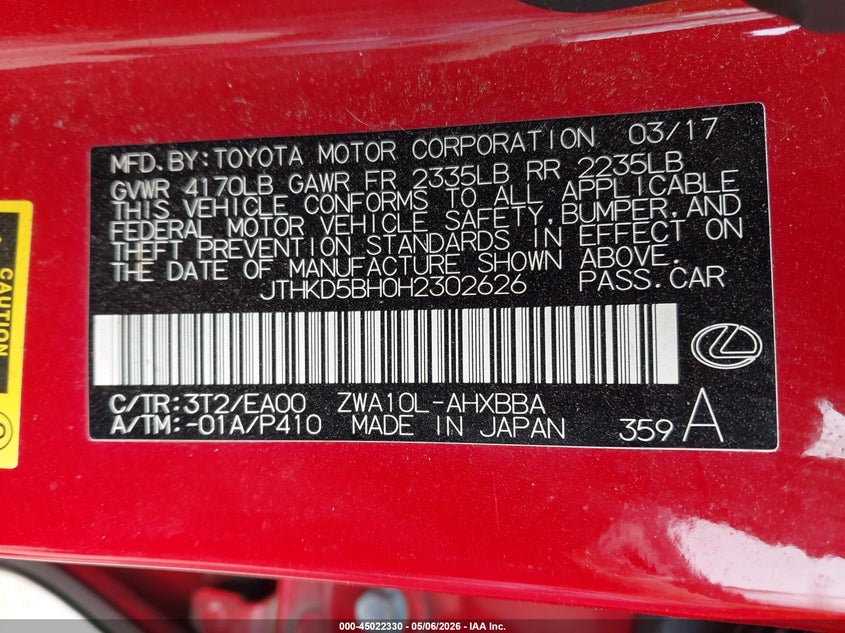 2017 Lexus Ct VIN JTHKD5BH0H2302626 IAAI salvage auction — FRONT END, Salvage (Massachusetts), sold $4,250 on 2026-07-14 (photo 9)