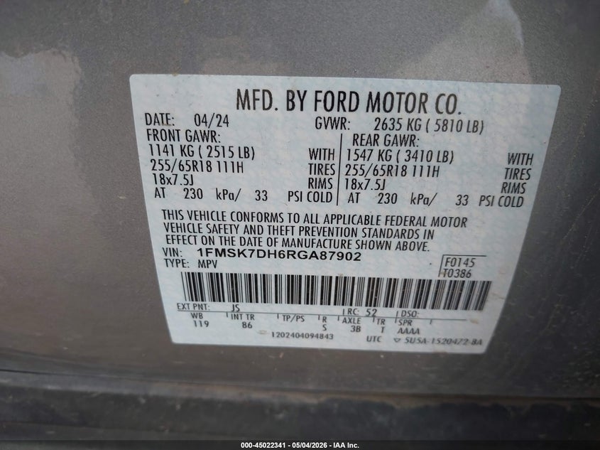 2024 Ford Explorer VIN 1FMSK7DH6RGA87902 IAAI salvage auction — FRONT END, Original (Texas), sold $7,600 on 2026-08-22 (photo 9)