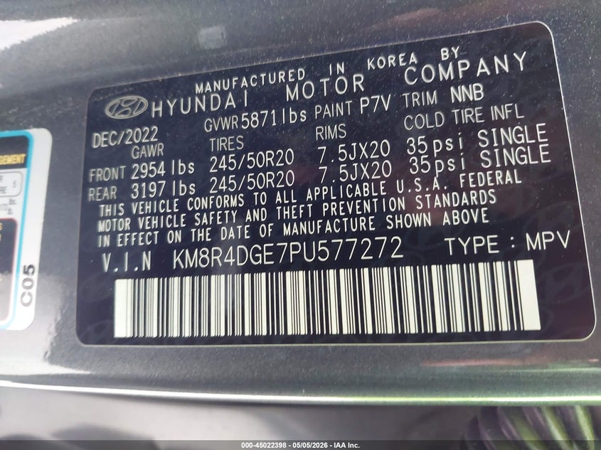 2023 Hyundai Palisade VIN KM8R4DGE7PU577272 IAAI salvage auction — LEFT FRONT, Original (Texas), sold $7,500 on 2026-07-09 (photo 9)