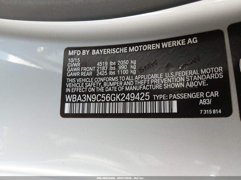 2016 BMW 4er VIN WBA3N9C56GK249425 IAAI salvage auction — FRONT END, Wait Title, sold $3,050 on 2026-07-15 (photo 9)