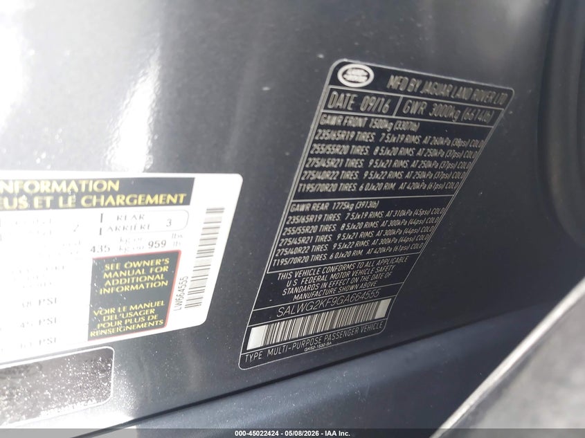 2016 Land rover Range rover sport VIN SALWG2KF9GA664555 IAAI salvage auction — RIGHT SIDE, Rebuildable (Florida), sold $6,100 on 2026-07-09 (photo 9)