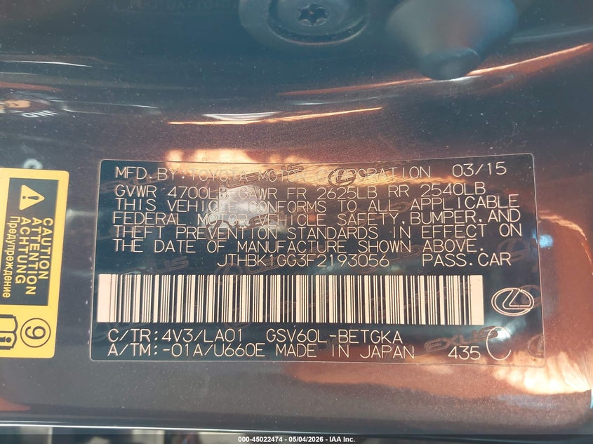 2015 Lexus ES VIN JTHBK1GG3F2193056 IAAI salvage auction — FRONT END, Salvage (Pennsylvania), sold $6,350 on 2026-07-31 (photo 9)