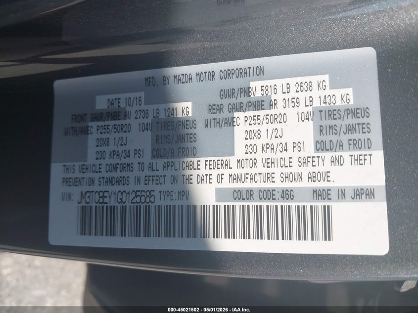 2016 Mazda Cx-9 VIN JM3TCBEY1G0125685 IAAI salvage auction — REAR END, Wait Title, sold $4,650 on 2026-07-06 (photo 9)