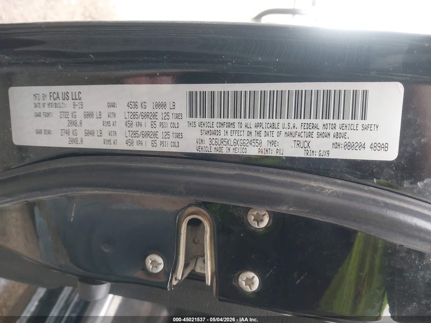 2019 Ram 2500 VIN 3C6UR5KL6KG624550 IAAI salvage auction — HAIL, Clear (Colorado), sold $9,100 on 2026-07-28 (photo 9)