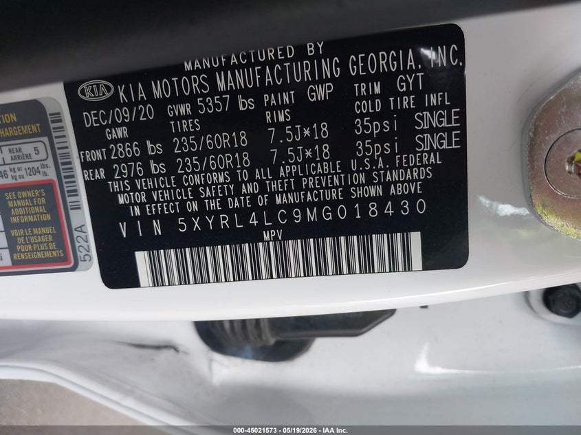 2021 Kia Sorento VIN 5XYRL4LC9MG018430 IAAI salvage auction — LEFT & RIGHT, Certificate Of Destruction (Florida), sold $3,150 on 2026-07-15 (photo 9)
