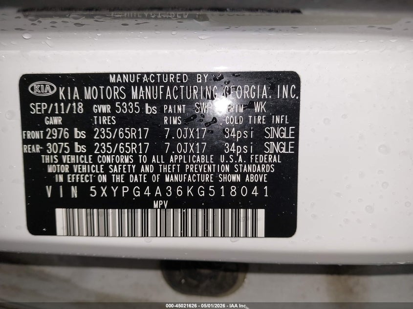 2019 Kia Sorento VIN 5XYPG4A36KG518041 IAAI salvage auction — RIGHT SIDE, Original (Texas), sold $3,100 on 2026-07-09 (photo 9)