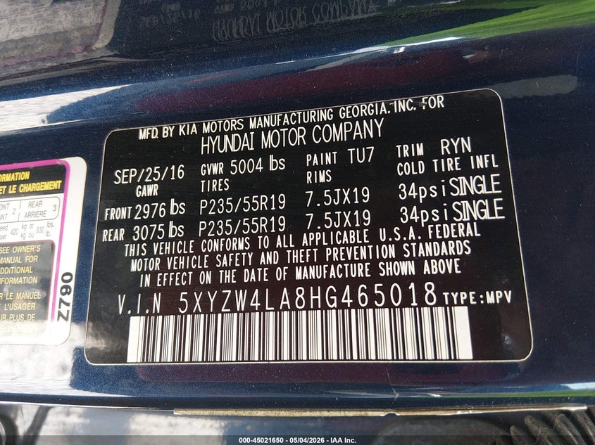 2017 Hyundai Santa fe VIN 5XYZW4LA8HG465018 IAAI salvage auction — ALL OVER, Salvage (Alabama), sold $475 on 2026-07-13 (photo 9)