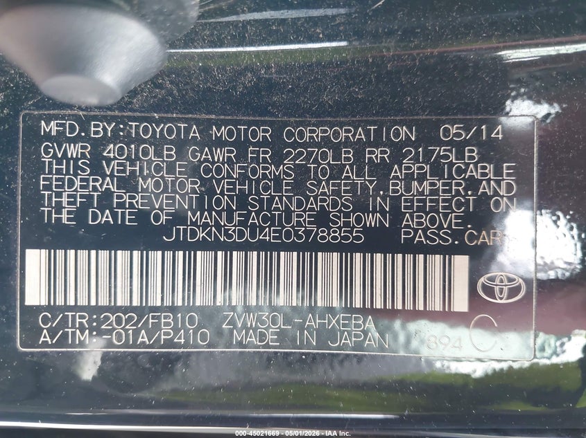 2014 Toyota Prius VIN JTDKN3DU4E0378855 IAAI salvage auction — RIGHT FRONT, Wait Title, sold $1,200 on 2026-07-27 (photo 9)