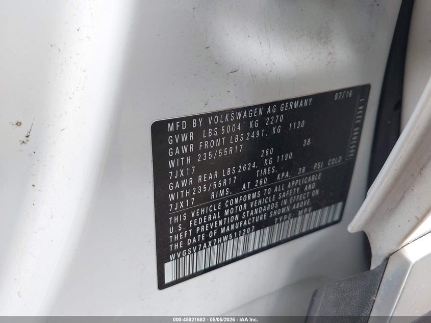 2017 Volkswagen Tiguan VIN WVGSV7AX7HW511207 IAAI salvage auction — FRONT END, Salvage (Ohio), sold $350 on 2026-08-18 (photo 9)