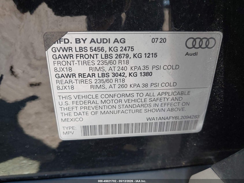2020 Audi Q5 VIN WA1ANAFY6L2094283 IAAI salvage auction — FRONT END, Salvage (Idaho), sold $9,100 on 2026-07-10 (photo 9)