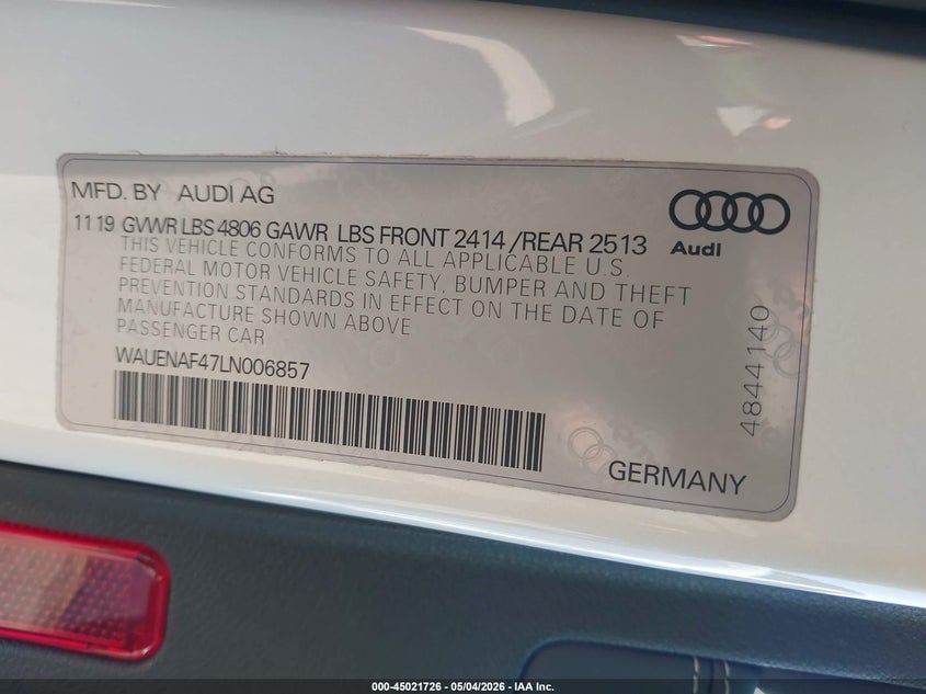 2020 Audi A4 VIN WAUENAF47LN006857 IAAI salvage auction — FRONT END, Salvage (Idaho), sold $13,250 on 2026-07-08 (photo 9)