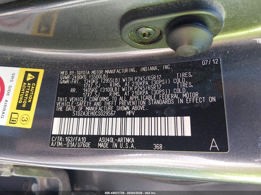 2012 Toyota Highlander VIN 5TDZA3EH0CS029567 IAAI salvage auction — LEFT FRONT, Salvage (South Carolina), sold $4,550 on 2026-07-15 (photo 9)
