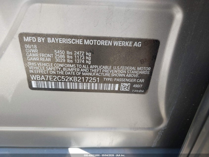 2019 BMW 7er VIN WBA7E2C52KB217251 IAAI salvage auction — FRONT END, Salvage (North Carolina), sold $10,900 on 2026-07-11 (photo 9)