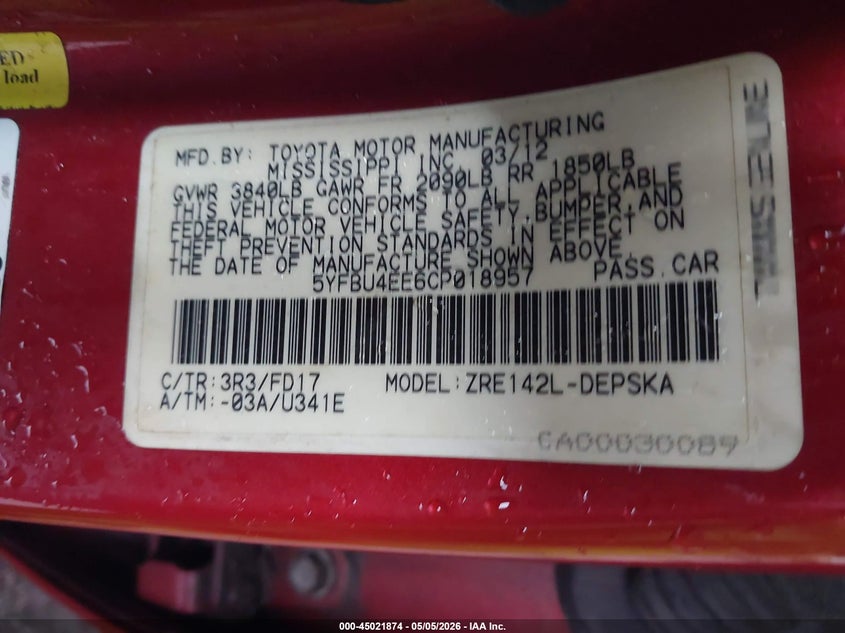 2012 Toyota Corolla VIN 5YFBU4EE6CP018957 IAAI salvage auction — FRONT END, Clear (Mississippi), sold $900 on 2026-07-21 (photo 9)